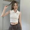 Women's Sleeveless Polo Collar Ribbed Slim-Fit Crop Top Casual Solid Color Summer Blouse