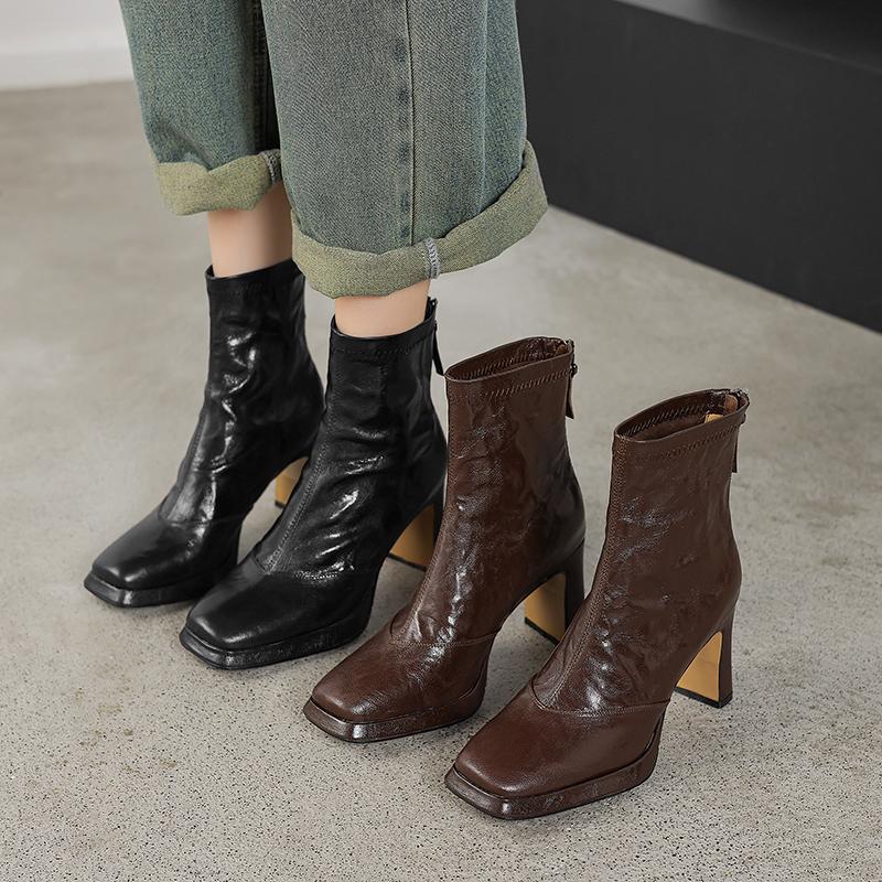 Krazing Pot Sheepskin Winter Square Thick High Heels Chelsea Boots Women Zipper Platform Ankle Boots