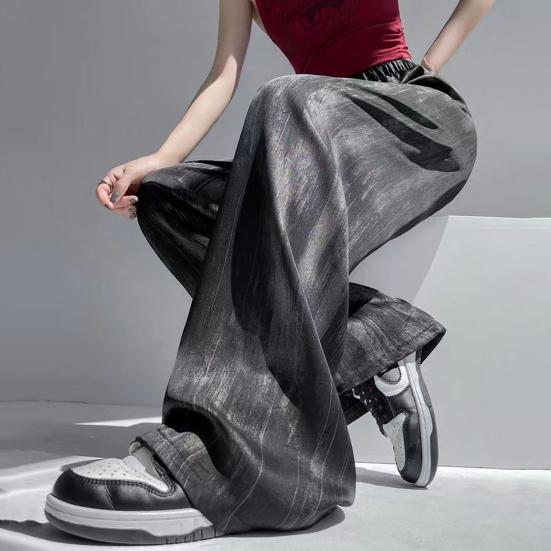 Women Pants Elastic High Waist Adjustable Drawstring Wide Leg Trousers Tie Dye Print Summer