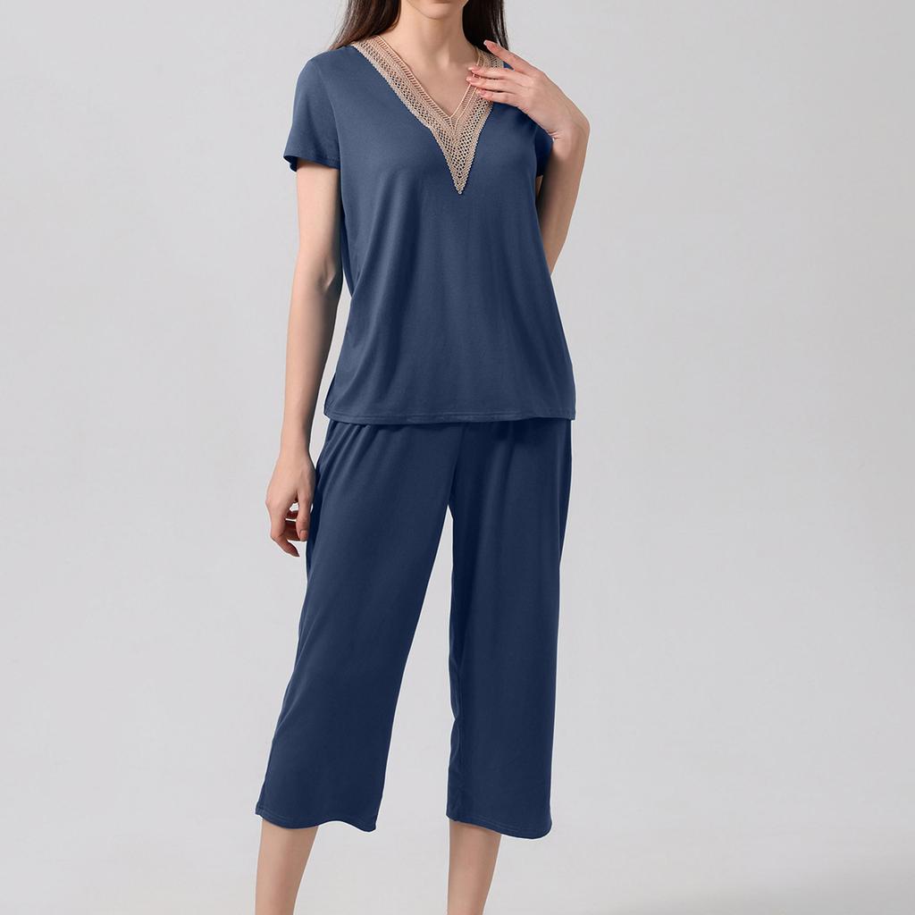Women's Fashionable V-neck Casual Short-sleeved Loungewear Lace Pajamas Loose, Comfortable, Breathable Plus Size Color Top