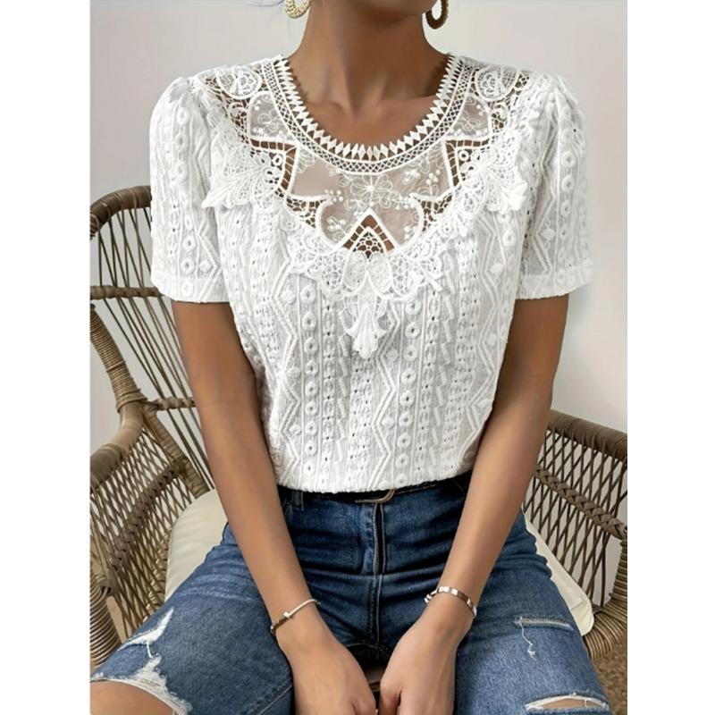 Nuova Blusa Estiva con Inserti in Pizzo da Donna Camicie Scollo Tondo Traforate Top alla Moda Manica Corta Colore Unito Dolce Abbigliamento Largo Elegante
