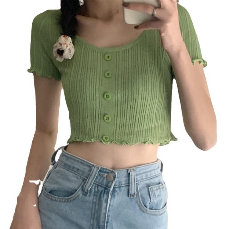 Solid Color Wood Ear Edge Summer Short Knit Round Neck Lace Short-sleeved Women's Top Slim Thin Knitwear Casual Essential Slim Fit Pullovers Tees
