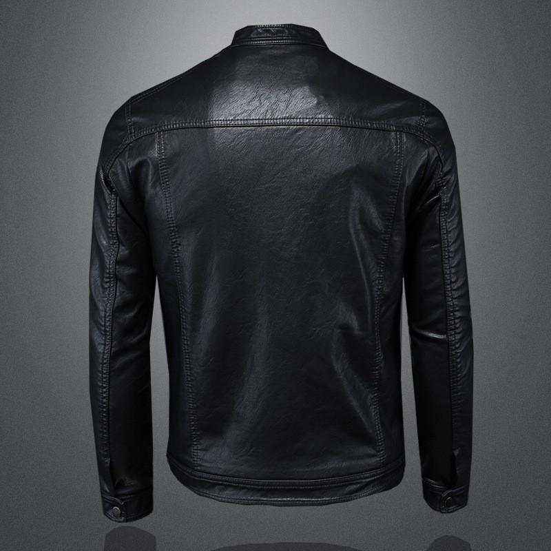 Mens PU Leather Biker Jacket With Stand Collar Slim Fit Casual Outerwear