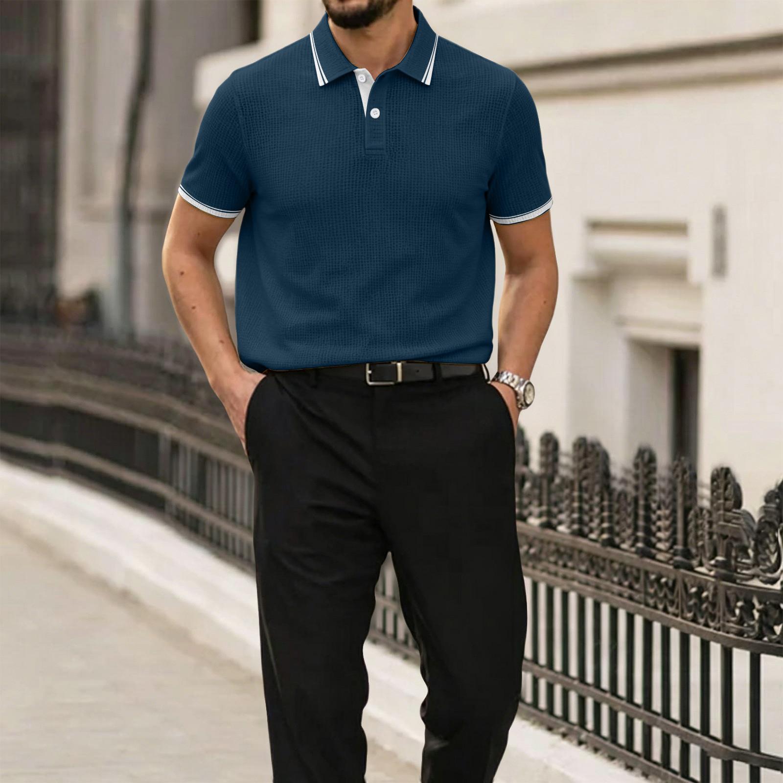 

Men Mesh Knit Short Sleeve Polo Shirt Breathable Lightweight Ice Silk Button Down Shirt with Classic Collar for Summer XXXL синій