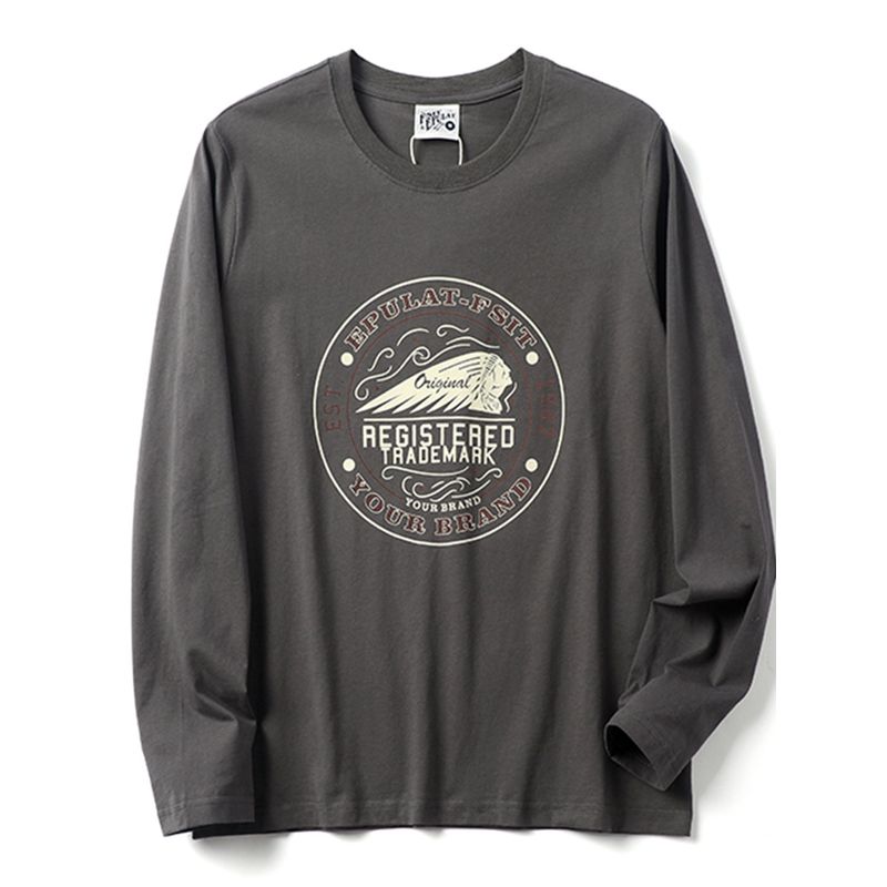 Vintage Print All-Cotton Washed Comfortable Base Shirt for Men, Autumn Round Neck Long-Sleeve T-Shirt, Export Surplus with Tags Removed