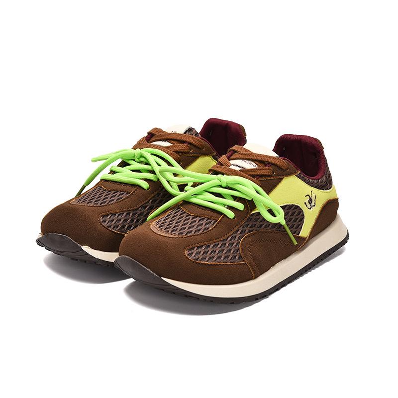 Double Pair of Shoelaces~ Leather Breathable Inner Height Increase German Training Shoes Women's 2025 Spring and Summer Flat Mesh Letters Ugly Cute Ca