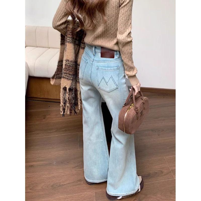 Light Blue Pants for Women Denim Autumn High Waist Stretch Loose Pants Retro Washed Black Bell-Bottoms Pants Tide