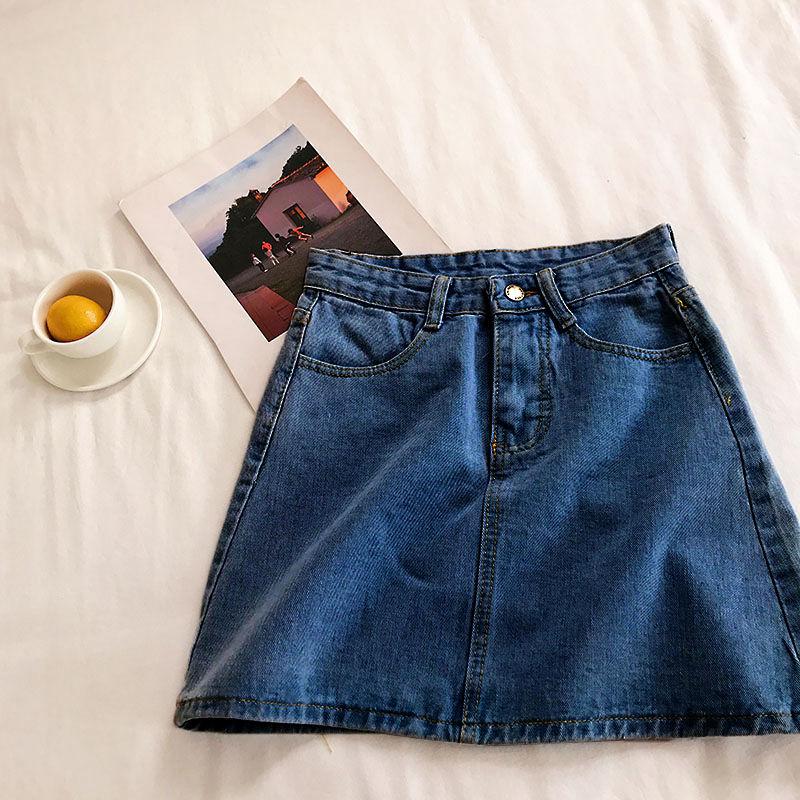 Jumătate de fustă din denim, versatilă de vară, cu talie înaltă pentru femei Versiune coreeană a studentului Pachet de culoare solidă simplă Fusta scurtă linie de șold