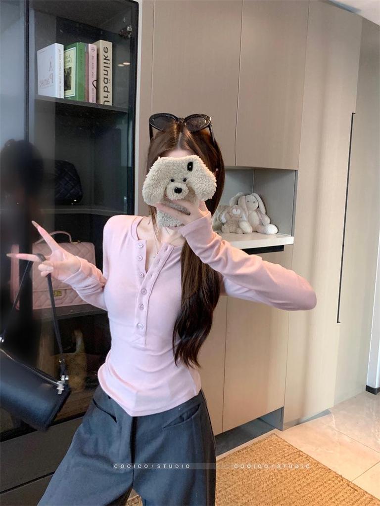 Schlankes Pullover-T-Shirt im koreanischen Stil mit Henry-Kragen und langen Ärmeln für Damen - Vielseitiges Basic-Shirt für Herbst und Winter