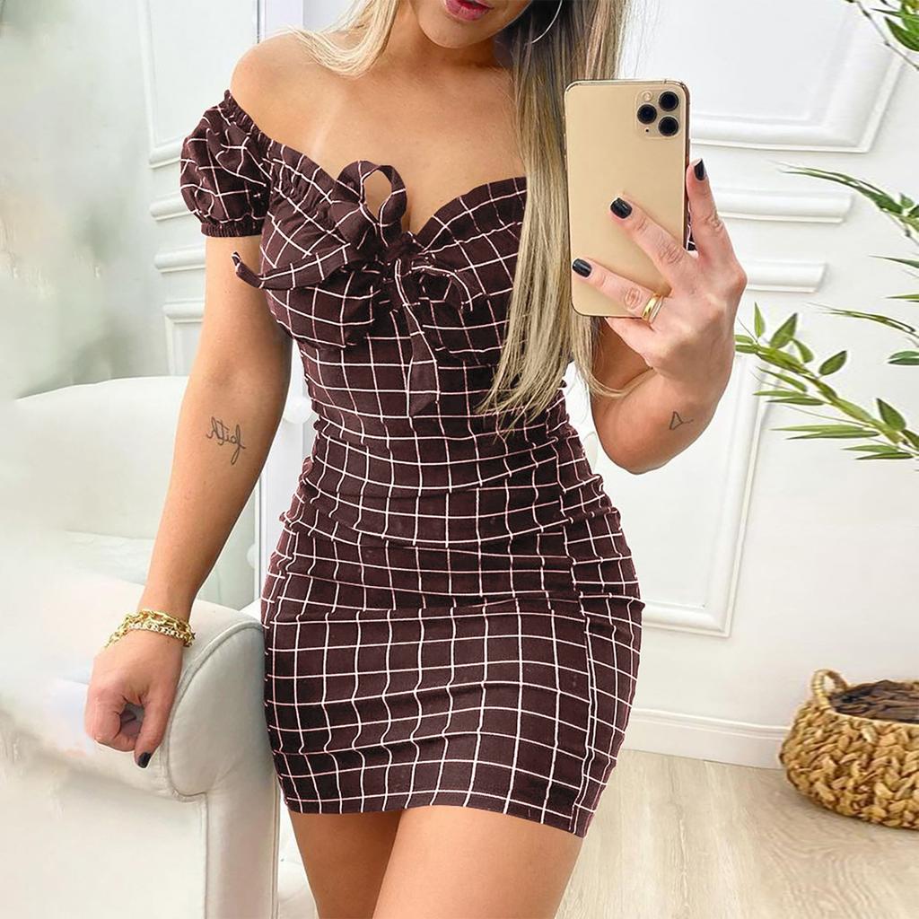 Women's Sexy Bag Hip Lace-up Dress Plaid Print Leaky Shoulder Fashion Short Skirt
