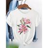 European sizes Women's T-Shirt with Elegant Floral Print - Black Casual Short Sleeve Top Featuring Pink Lilies & Green Leaves