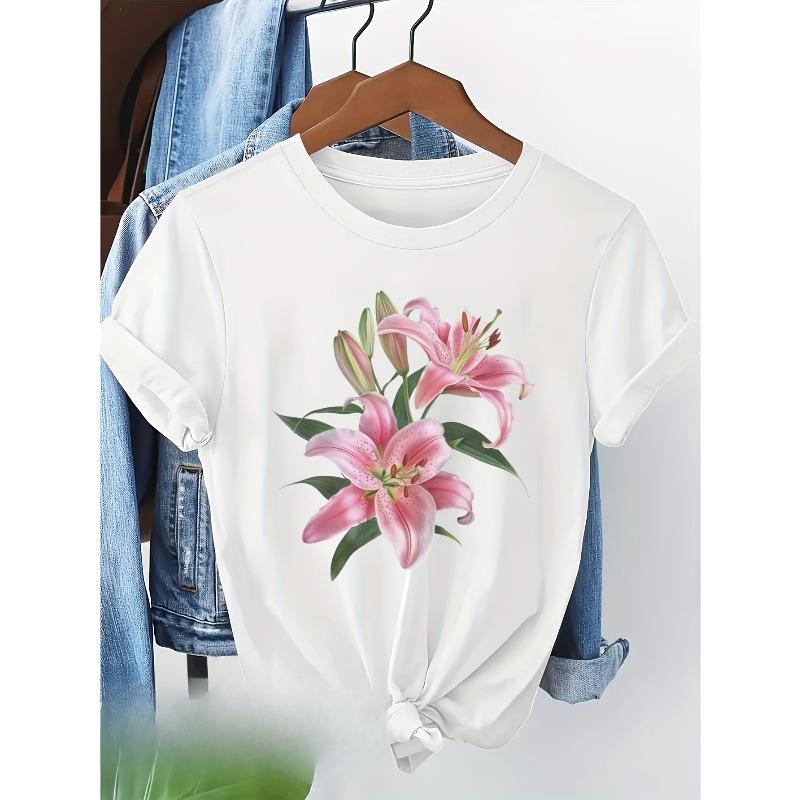 European sizes Women's T-Shirt with Elegant Floral Print - Black Casual Short Sleeve Top Featuring Pink Lilies & Green Leaves