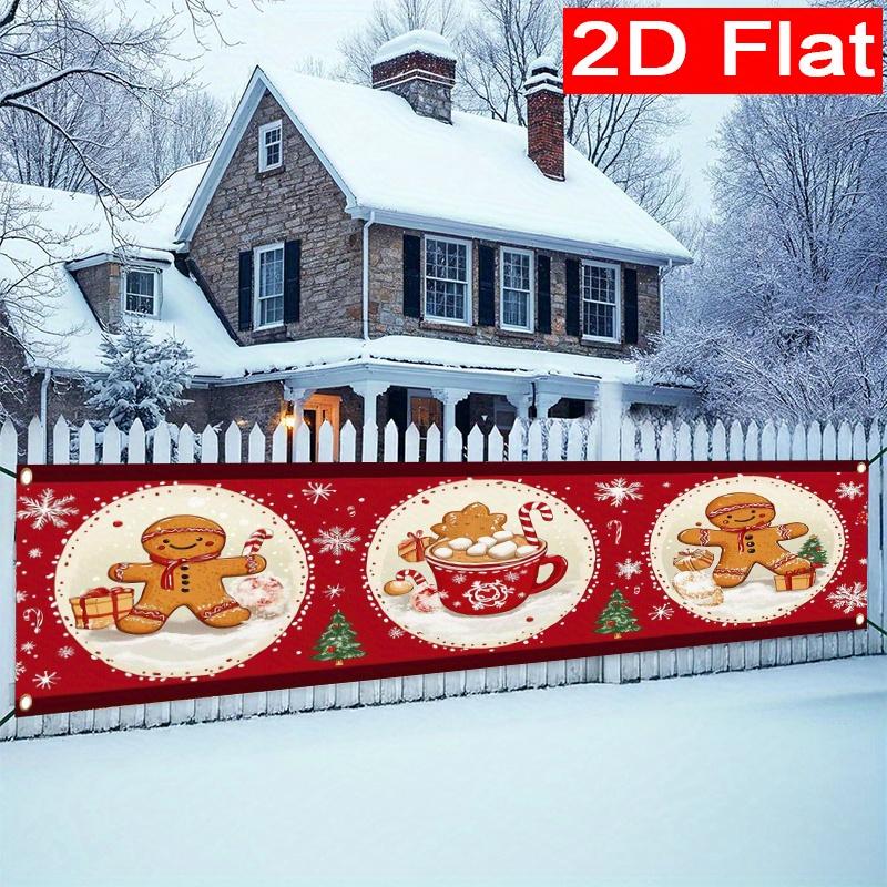 Merry Christmas Gingerbread Man & Snowflake Banner, Festive Polyester Outdoor Garden Porch Fence Wall Party Decoration