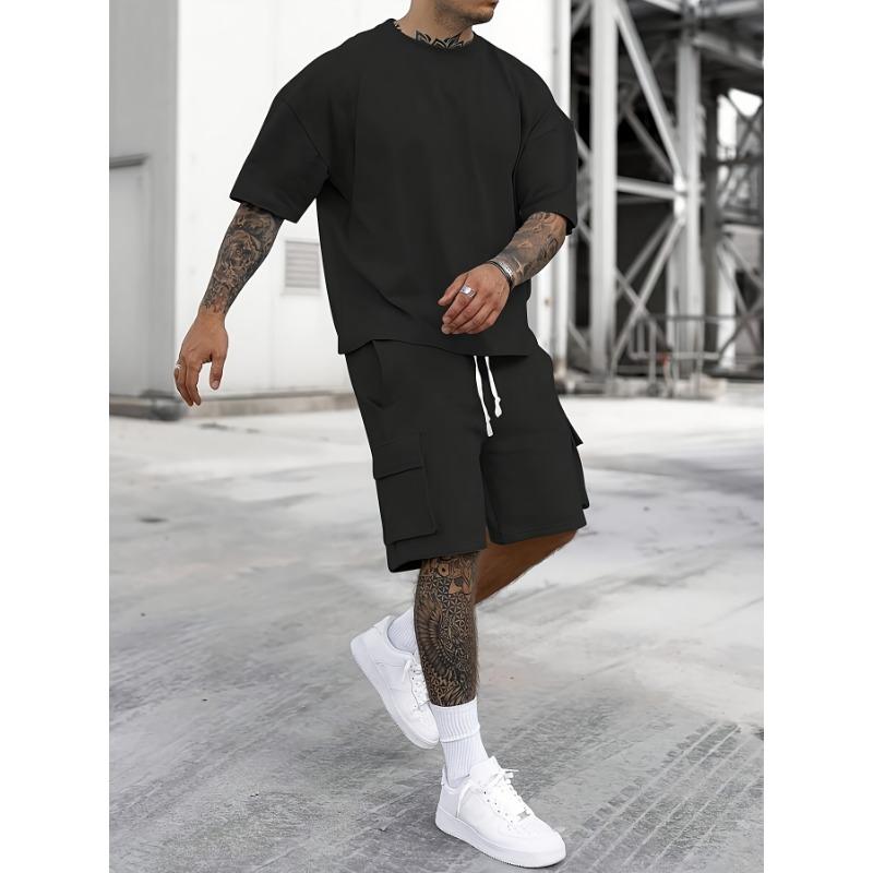 Men s summer fashionable sports casual short-sleeved T-shirt shorts with 2-piece suit S