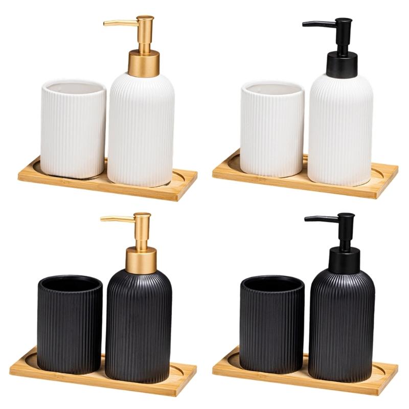 3PCS Ceramic Liquid Soap Dispenser with Storage Wood Tray Toothbrush Cup for Household Bathroom Organizing Essential