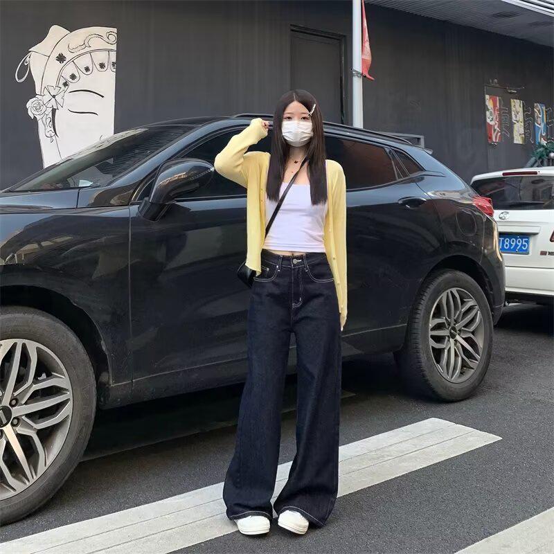 

Женские джинсы 2025 года в стиле ретро с высокой посадкой, темно-синие, с широкими штанинами XS: Height 155-165CM (Weight 65-75 lbs)