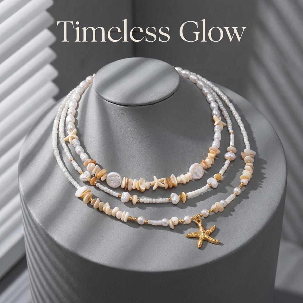 3Pcs/Set Vacation Starfish Faux Pearl Stone Necklace Summer Beach Ocean Theme Boho Choker Jewelry For Women