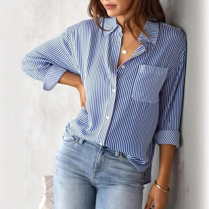 Spring women s striped tops loose casual long-sleeved shirts for women S синий
