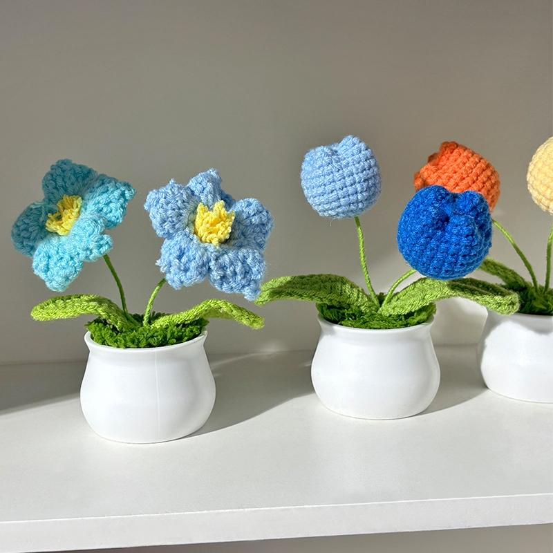 Artificial Flowers Potted Crochet Flower Ornament Desk Accessories Room Decoration Home Decor Holiday Gifts