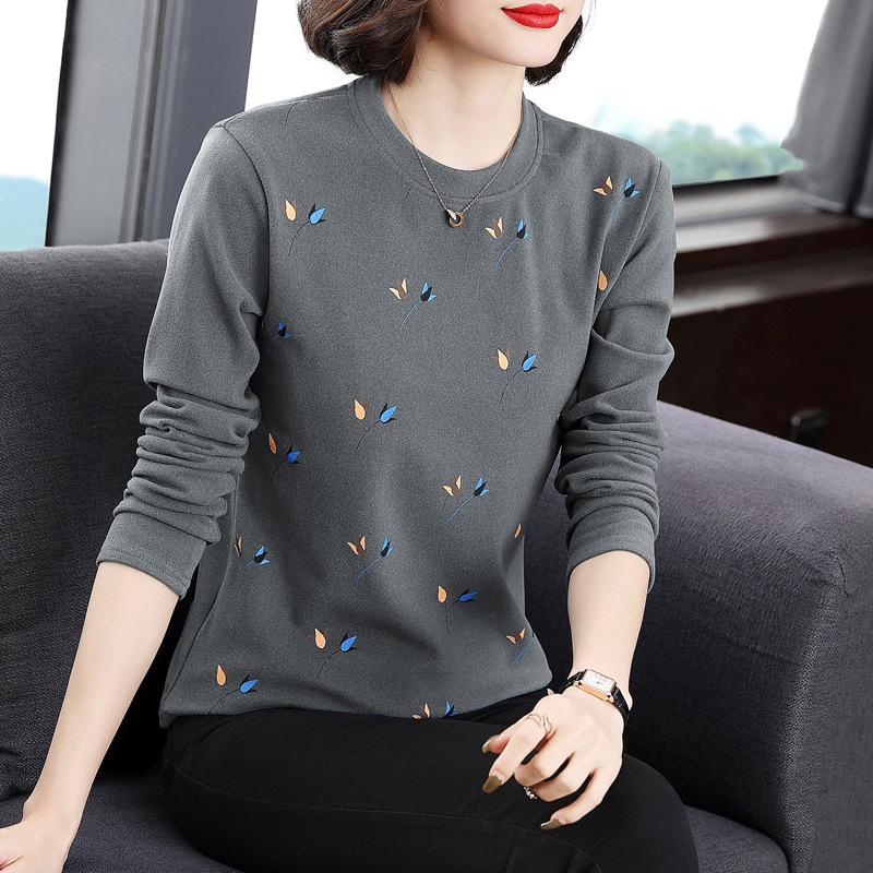 

Creative Printed Round Neck Long-sleeved Base Shirt Spring and Autumn Korean Version Belly-covering Age-reducing Large-size Slimming Top 4XL серый