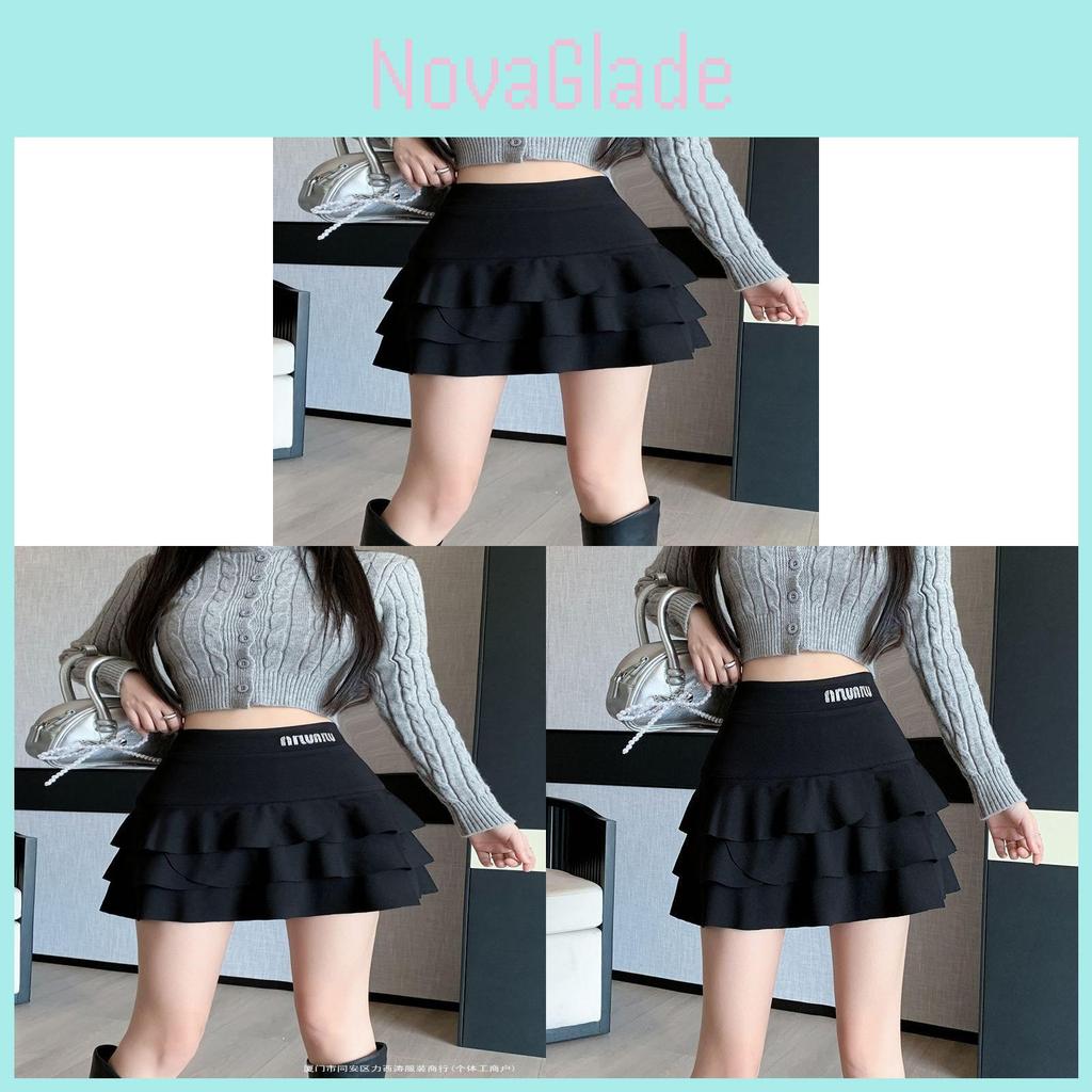 Cotton Blended High Waist Cake Skirt With Ruffle Details For Autumn Winter Fashion