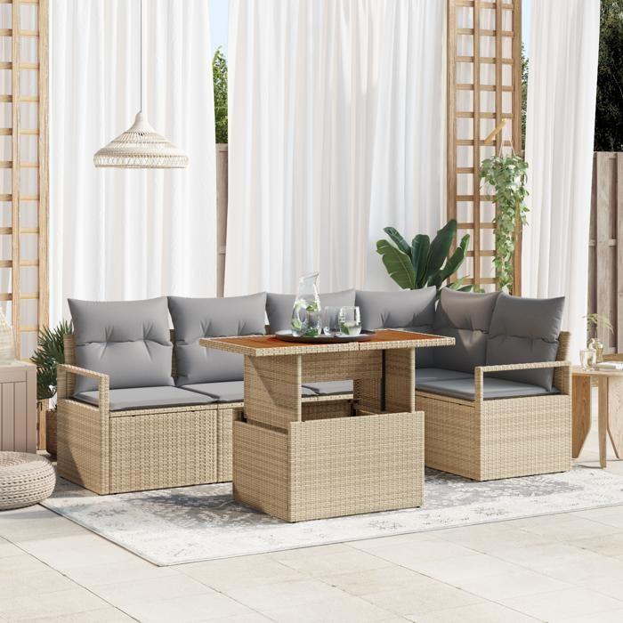 Ensemble de canapé de jardin 6 pièces avec coussins Beige Poly Rotin Acacia, Canapé de jardin 2 places avec coussins Beige 3349713