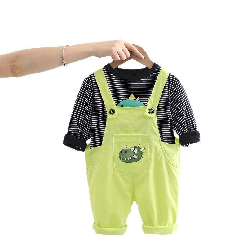 Baby and Children's Autumn/Winter Dinosaur Crocodile Strap Pants Two Piece Set Striped Round Neck Outerwear