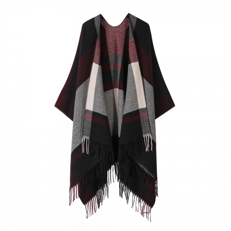 Damen Winter Schal Mit Fransen Schlitz Colorblock Karomuster Gestrickter Wickelschal Warmer Kunstkaschmir Umhang Büro