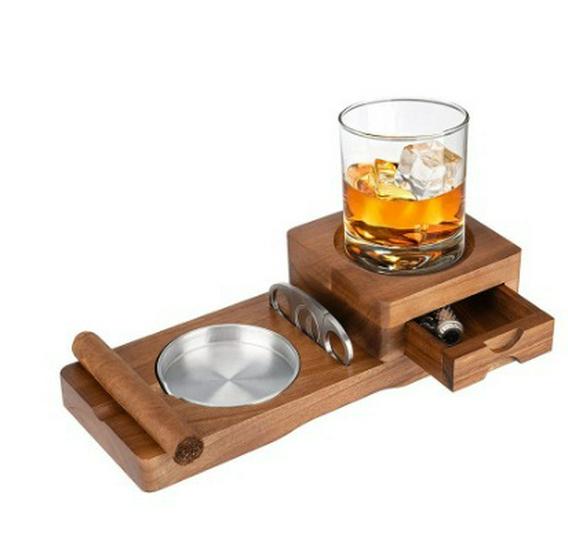 Wooden Cigar Ashtray & Coaster with Cup Holder and Wine Glass Rack