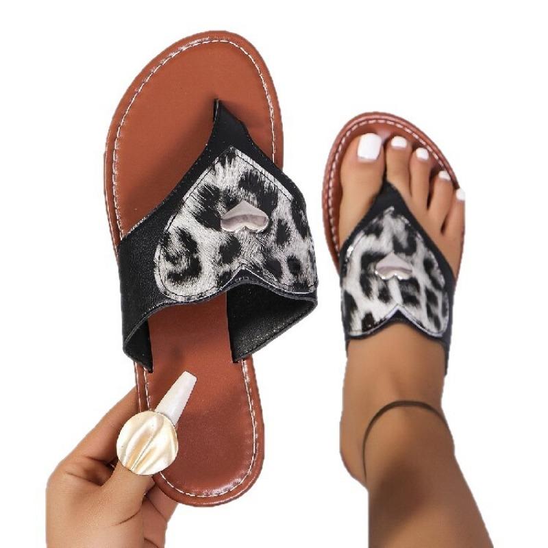 Large size summer new toe flat bottom leopard print fashion women's cool slippers slippers