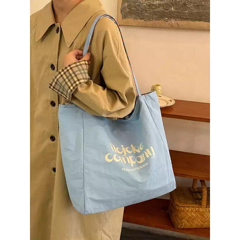

Korean Series Lazy Feeling Double-sided Commuter Canvas Bag Women 2025 New Large Capacity Student Commuter Shoulder Tote Bag Blue