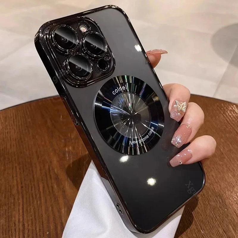 Luxury Plating For Magfsafe Transparent Case For iPhone 15 14 13 12 11 Pro Max Plus Soft TPU Full Lens Protection Magnetic Cover