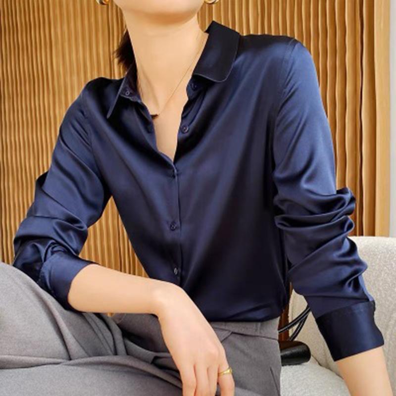 Mote Uformelt kontor Dame satengskjorte Løse lange ermede topper Solid Plus Size Damebluser Elegant Button Up Vintage Enkle Dameskjorter 25678