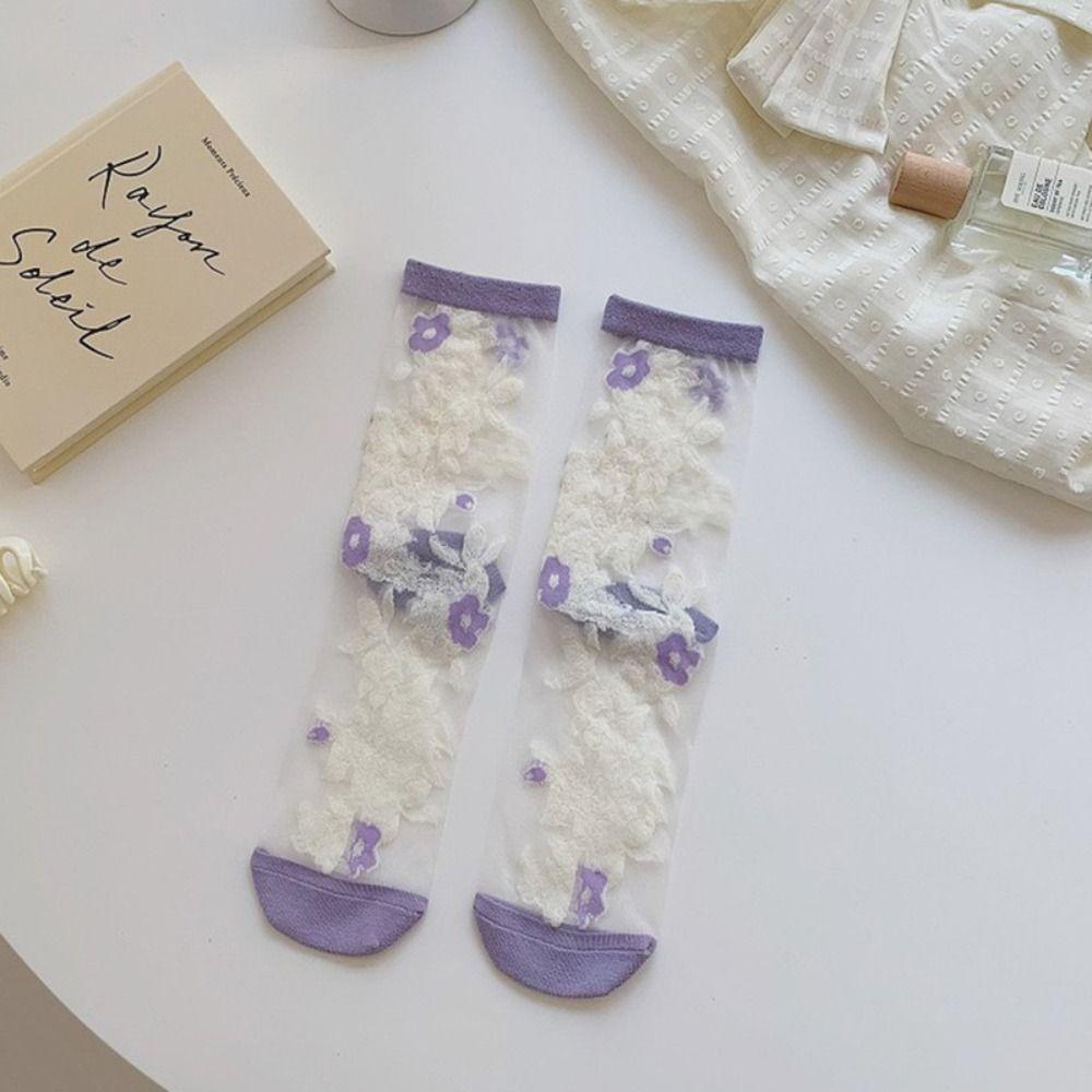

Sweet Floral Women s Socks Transparent Long Socks Fashion Crystal Silk Socks Summer фіолетовий