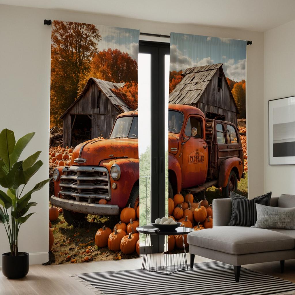 2pcs HD Thanksgiving Country Cottage Pumpkin Bus Curtain Yellow Tie Digital Printed Curtain Home Decor Style Decorate Living