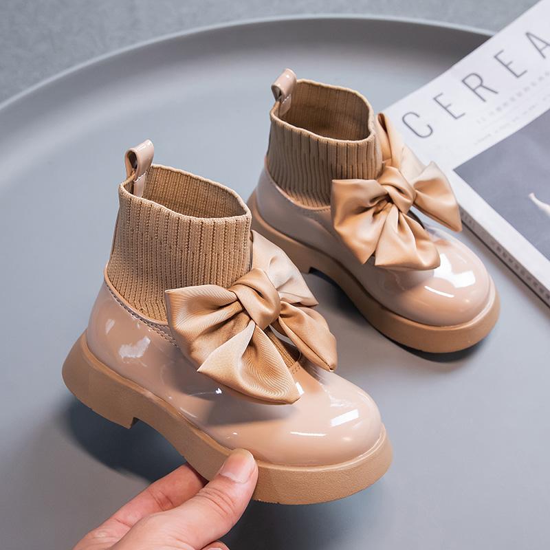 Cizme cu șosete pentru fete Cizme pentru copii, cu fundă anti-alunecare, elegantă, lucioasă, uniformă britanică, pantofi pentru școală, șosete ocazionale, cizme prințesă