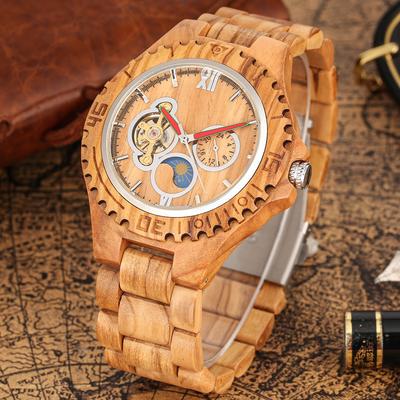 Tourbillon Skelettiertes 24-Stunden Mondphasenzifferblatt Herren Vollautomatische Mechanische Holzuhr Freizeit- und Geschäftszubehör