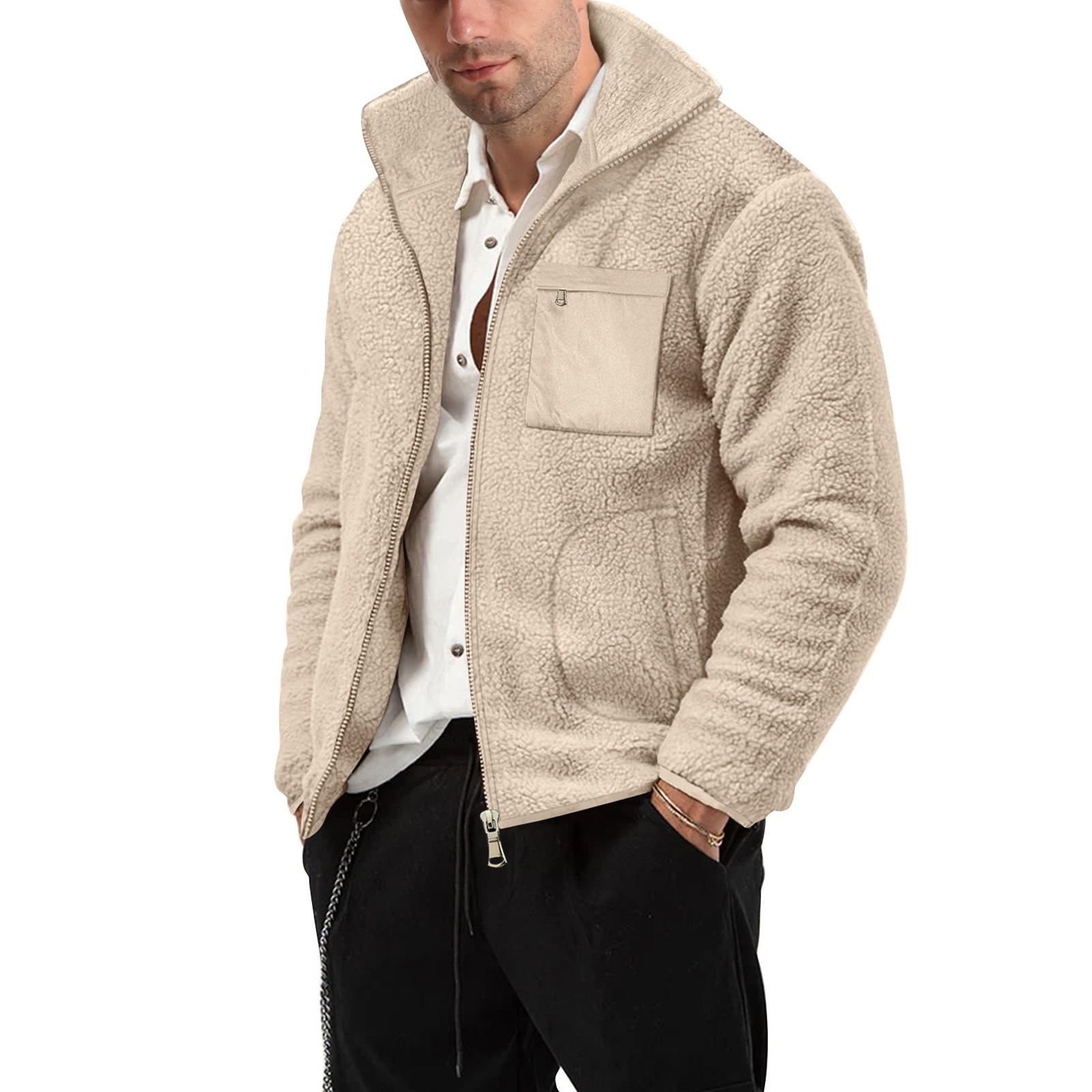 

Мужская зимняя однотонная куртка на молнии с воротником-стойкой, мужская повседневная флисовая куртка L бежевый