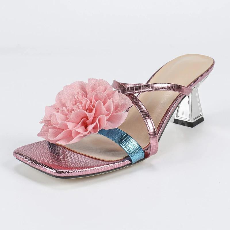 

Fashion Elegant Pink Flower Decoration Heeled Sandals Women Fashion Square Toe Narrow Band Brand Designer Heels Sexy Banquet Party Shoes 43 розовый