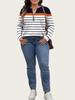 Plus Size Color Block Stripe Loose Casual Long Sleeve Top with Half-Zip Round Neck for Women.