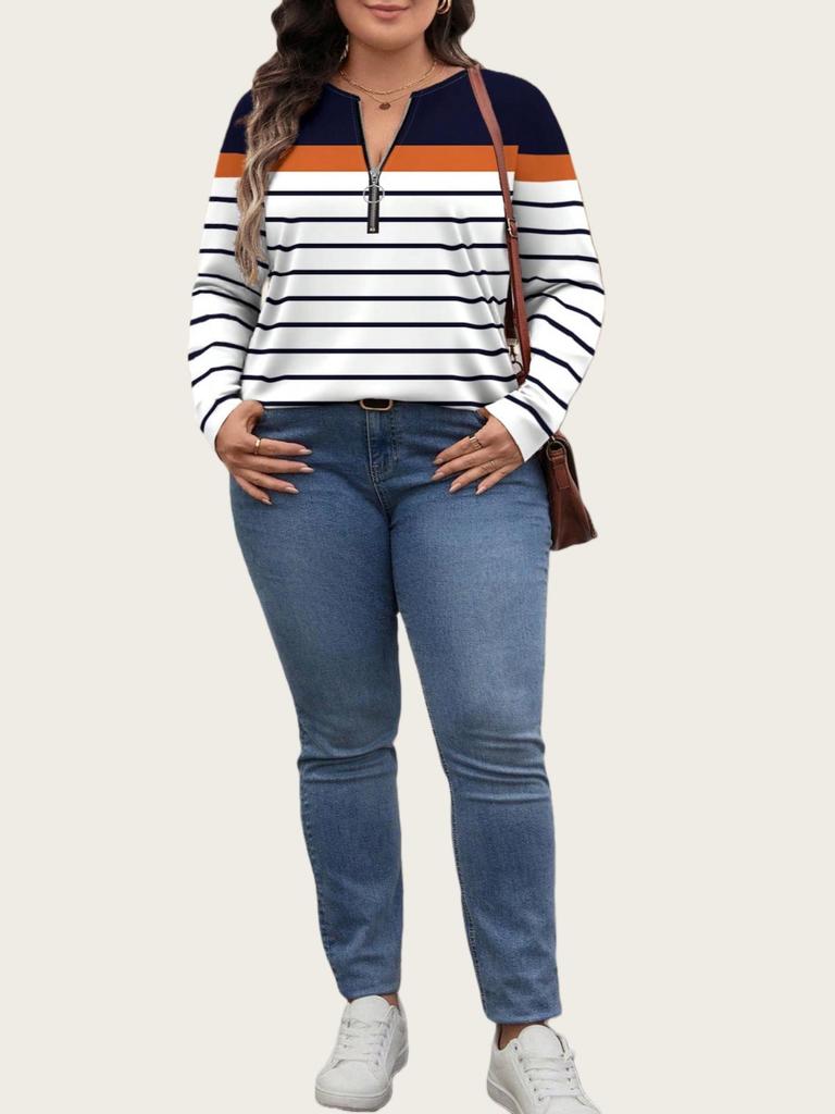 Plus Size Color Block Stripe Loose Casual Long Sleeve Top with Half-Zip Round Neck for Women.