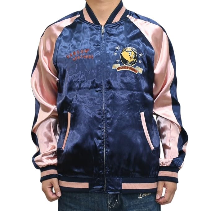 Looney Tunes Sukajan Souvenir Jacket Wile Coyote Tweety [Banson] LTV-2504 E. Men's (JP, Alphabet, 2XL, Black)