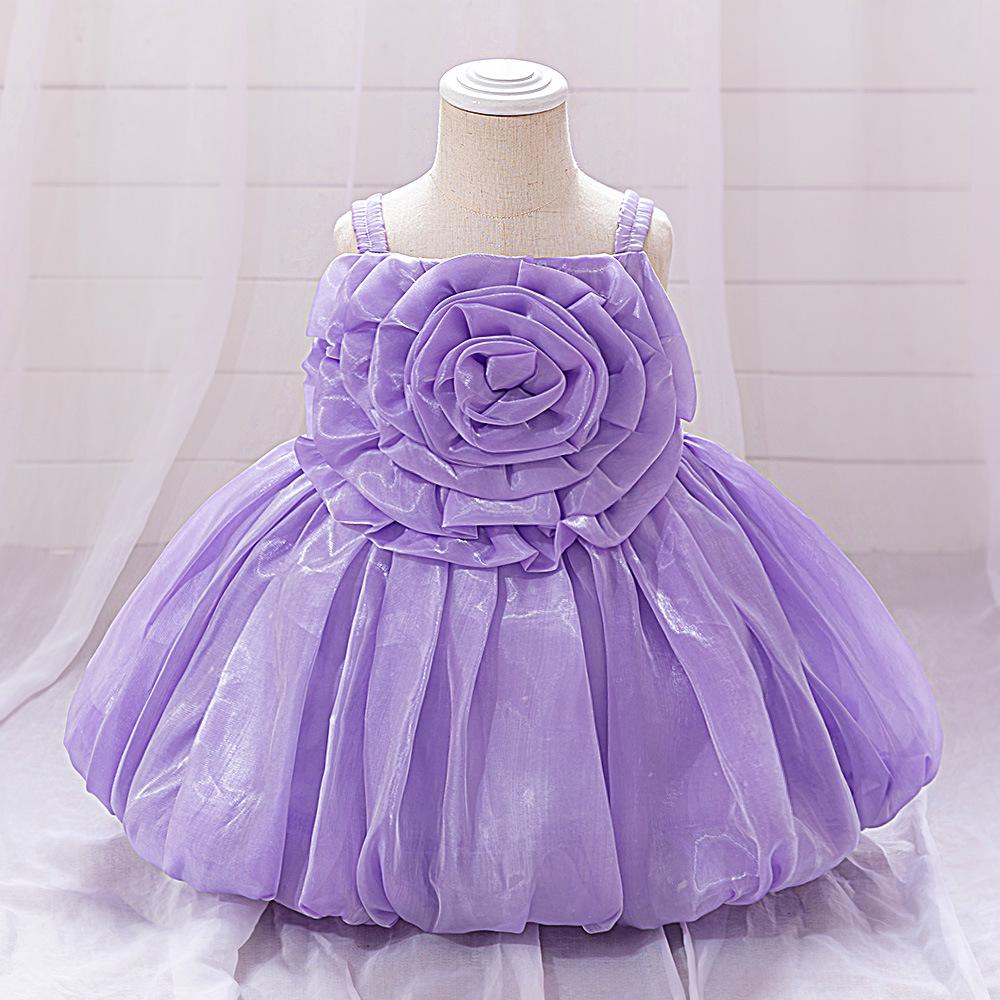 Toddler Princess Dress with 3D Rose Flowers and Shiny Satin Puff Sleeves
