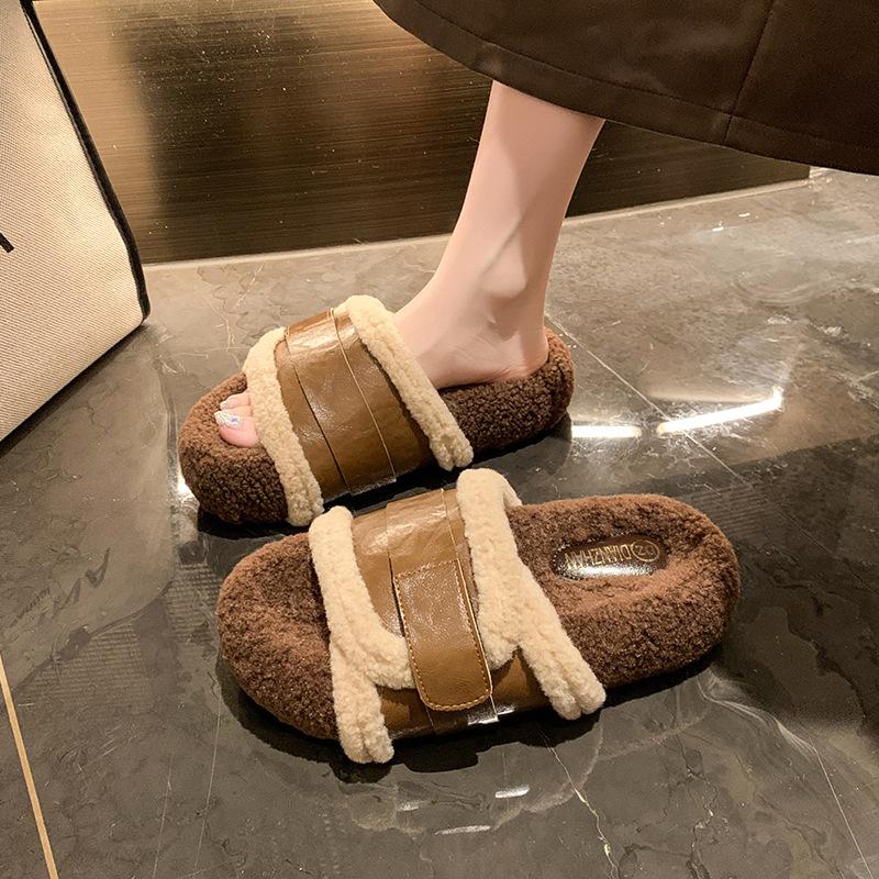 Retro design sense color matching Mao Mao one-word drag women 2025 autumn and winter new wear versatile thick-bottomed comfortable cotton slippers