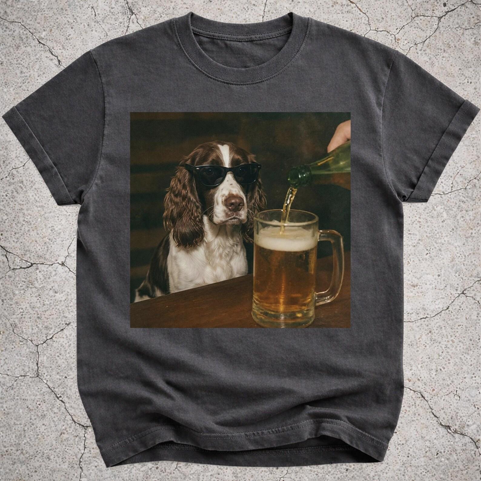 English Springer Spaniel Drinking Beer Shirt, Funny Springer Dog Meme Tee, Beer Lover Gift, Springer Owner Vintage Tee, Novelty Dog Shirt M