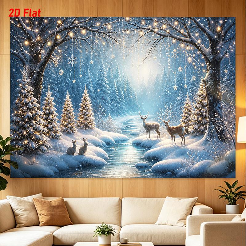 1Pc Magical Snowy Forest Deer Tapestry Wall Hanging, Decorative Fabric Poster for Bedroom, Living Room, Dorm & Home Decor