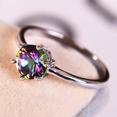 Bagues rondes en pierre arc-en-ciel mystique pour femmes, couleur argent, Six griffes, bijoux de fiançailles, bracelet de mariage