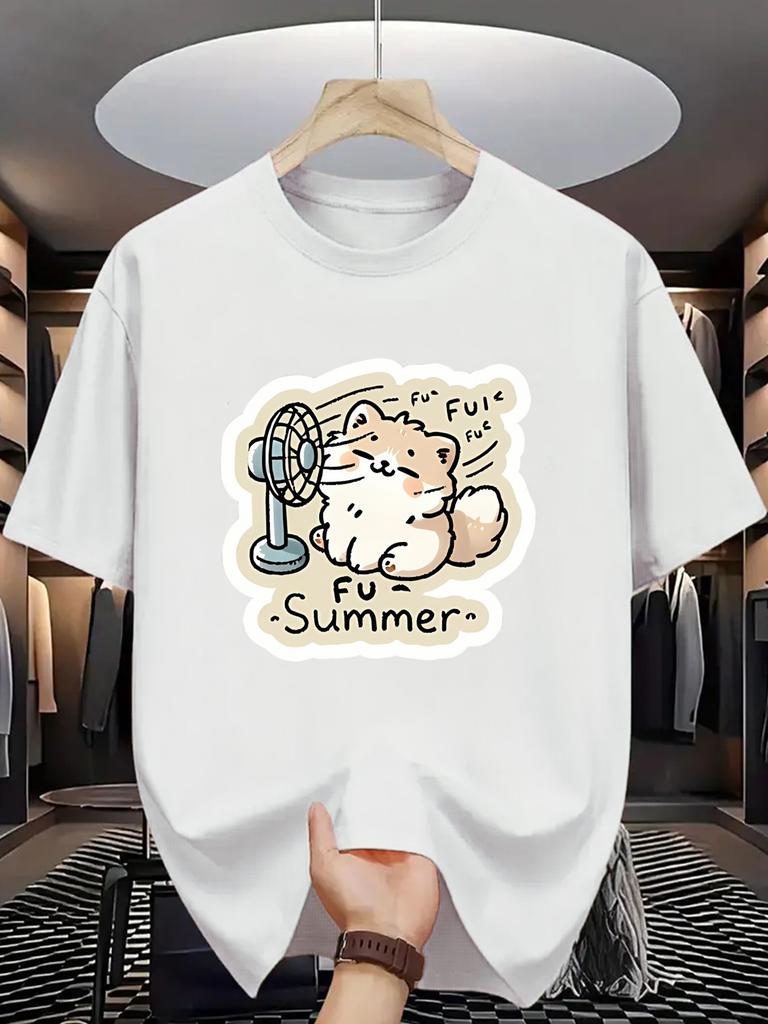 European Size Men'S Casual Summer T-Shirt with Cute Cat & Fan Print - Breathable, Lightweight, and Comfortable for Beach Vacations