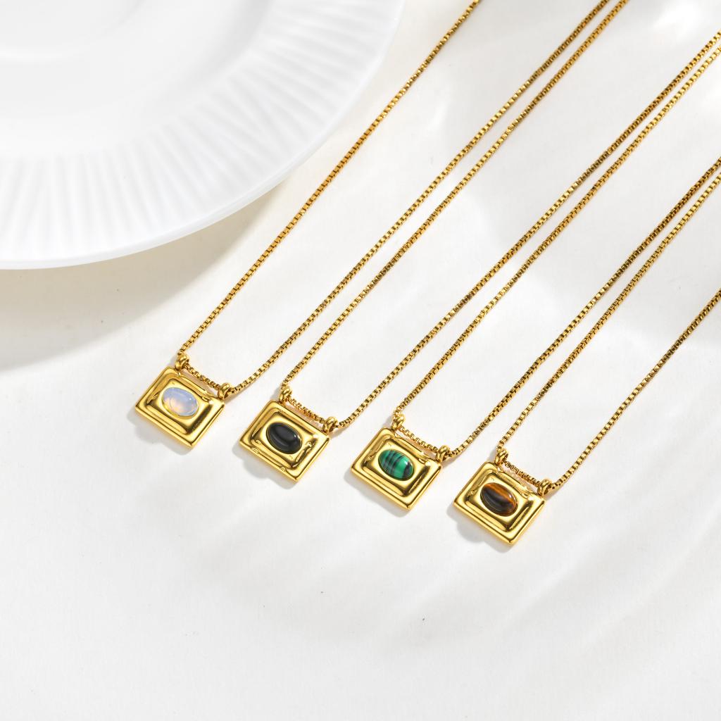Square Pendant Necklace Stainless Steel Natural Stone Inlay Box Chain for Women Vintage Healing Jewelry Waterproof
