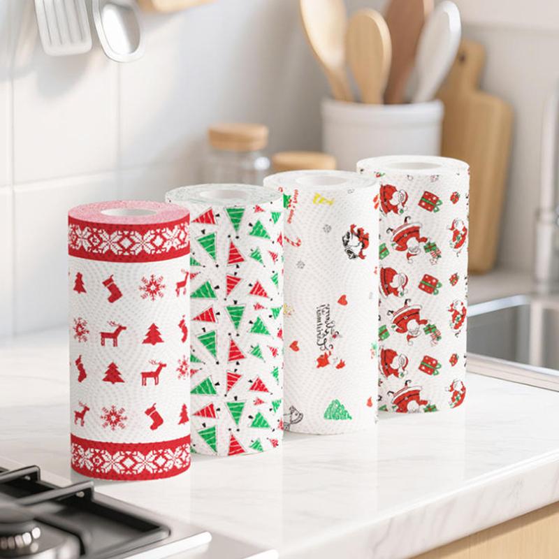 1roll Christmas Printed Kitchen Paper Oil and Water Absorption Disposable Kitchen Paper Towels for Wet & Dry Use Party Decor